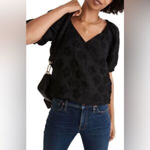 Madewell Women's Black Floral Jacquard Wrap Blouse Medium